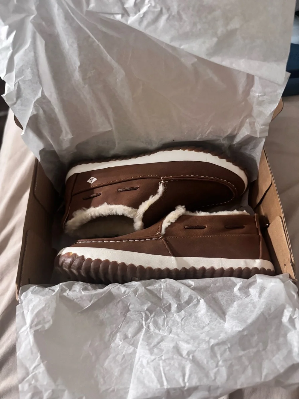 Kids Sperry Brown Leather Slip-On with Cream Shearling Lining